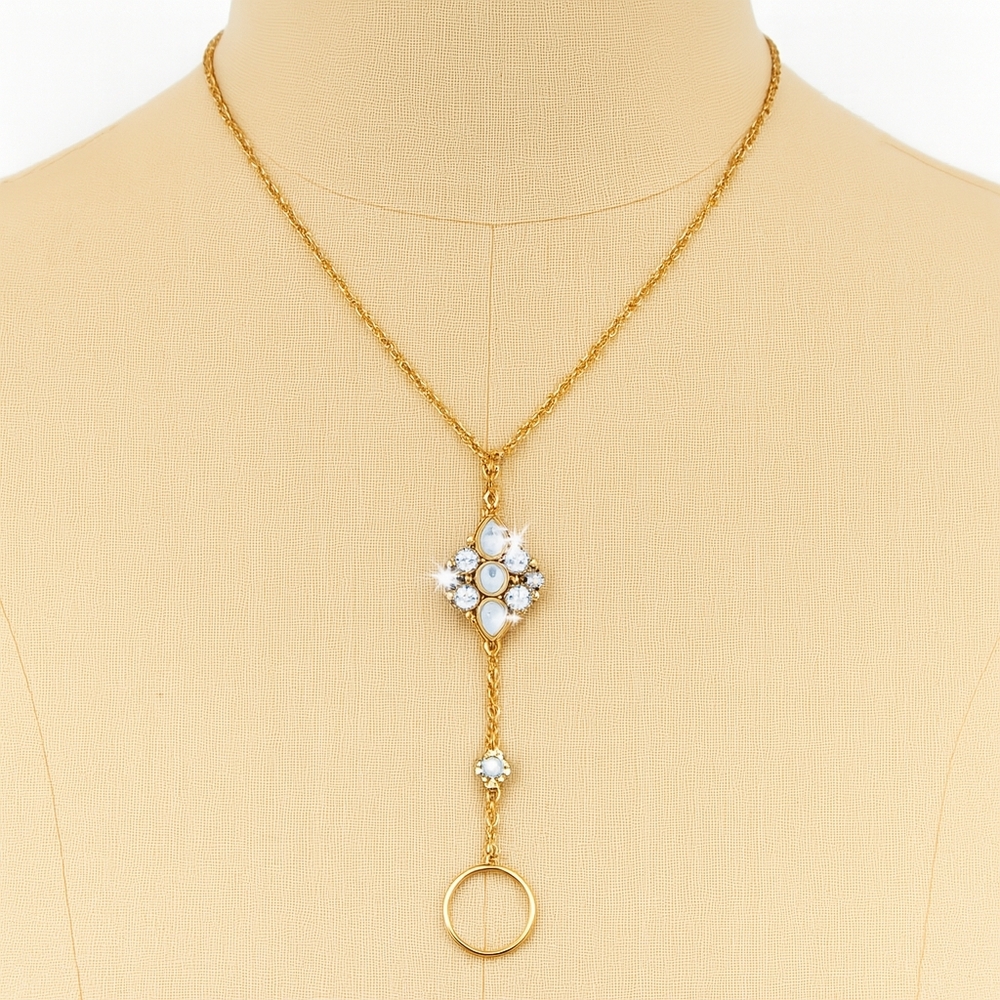 Vintage Gold Chain Necklace with 4 Rings & Pearl Crystal Pendant -  Bracelet